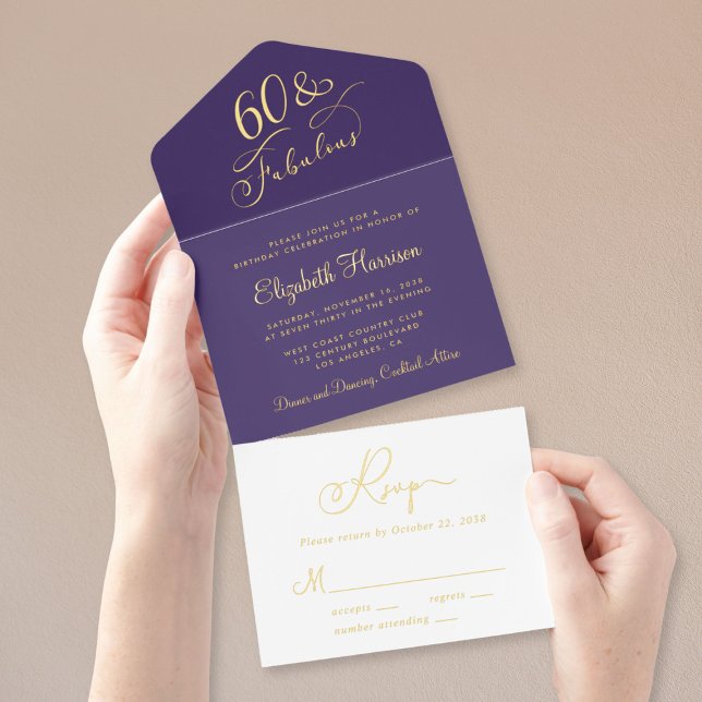 Elegant 60 And Fabulous Purple 60th Birthday Party All In One Invitation (Creator Uploaded)