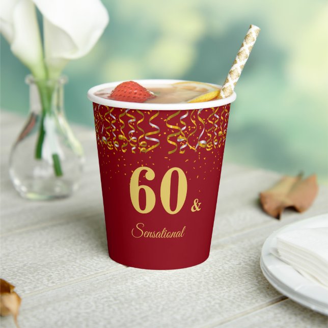 Elegant 60 & Sensational Birthday on Burgundy Paper Cups (Insitu)