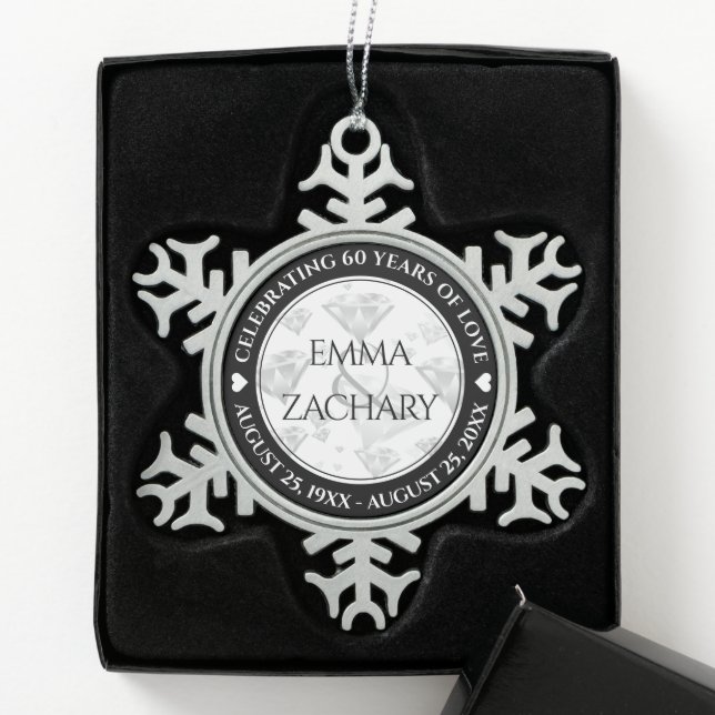 Elegant 60th 75th Diamond Wedding Anniversary Snowflake Pewter Christmas Ornament (Box)