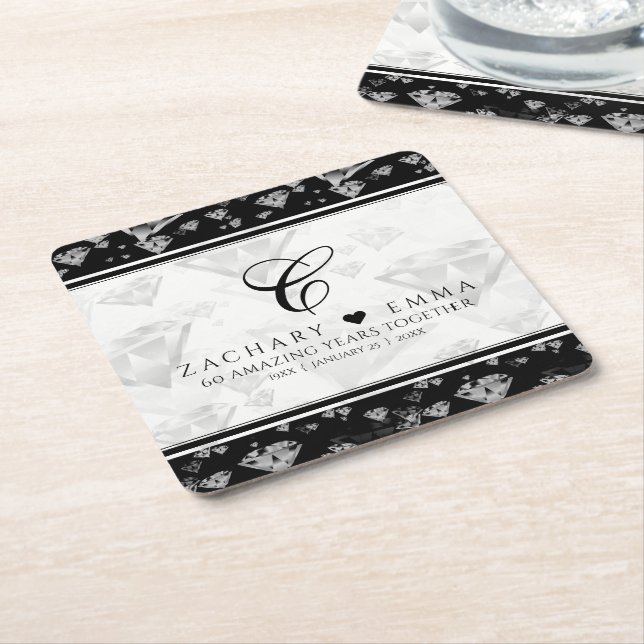 Elegant 60th 75th Diamond Wedding Anniversary Square Paper Coaster (Angled)