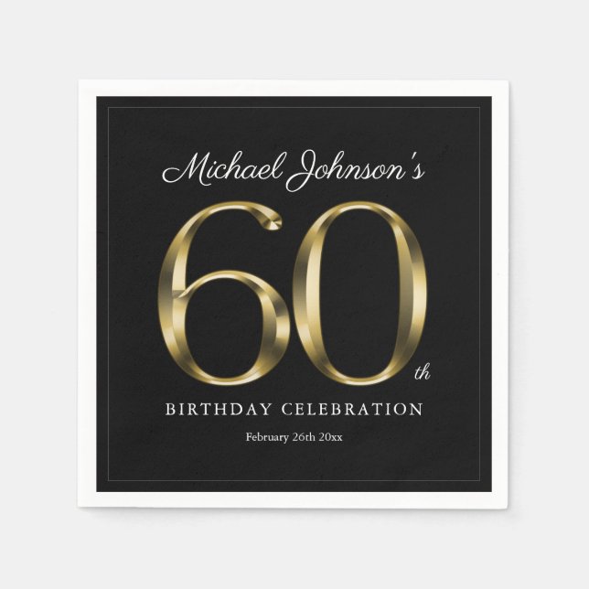 Elegant 60th Birthday Black Gold Classy Custom Napkin (Front)