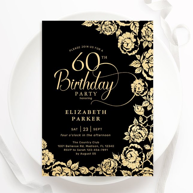 Elegant 60th Birthday Black Gold Roses Invitation (Creator Uploaded)