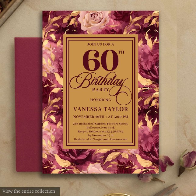 Elegant 60th Birthday Burgundy Blush Gold Floral  Invitation (Watercolor 60th birthday invitation with burgundy and blush roses, gold leaves, and boho style, prof)