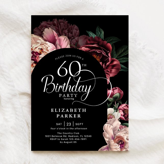 Elegant 60th Birthday Burgundy Pink Peonies Invitation (Creator Uploaded)