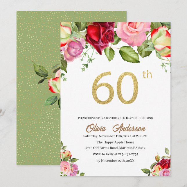 Elegant 60th  Birthday Celebration Watercolor Glit Invitation (Front/Back)