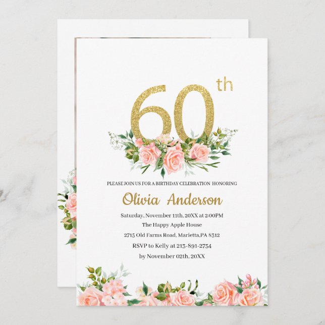 Elegant 60th  Birthday Celebration Watercolor Glit Invitation (Front/Back)