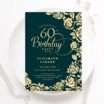Elegant 60th Birthday Emerald Green Gold Roses Invitation<br><div class="desc">Emerald green gold floral 60th birthday party invitation. Elegant design featuring roses,  faux gold foil and typography script font. Trendy invite card perfect for a stylish female bday celebration. Can be customised to any age. Personalise with your own details. Printed Zazzle invitations or instant download digital printable template.</div>
