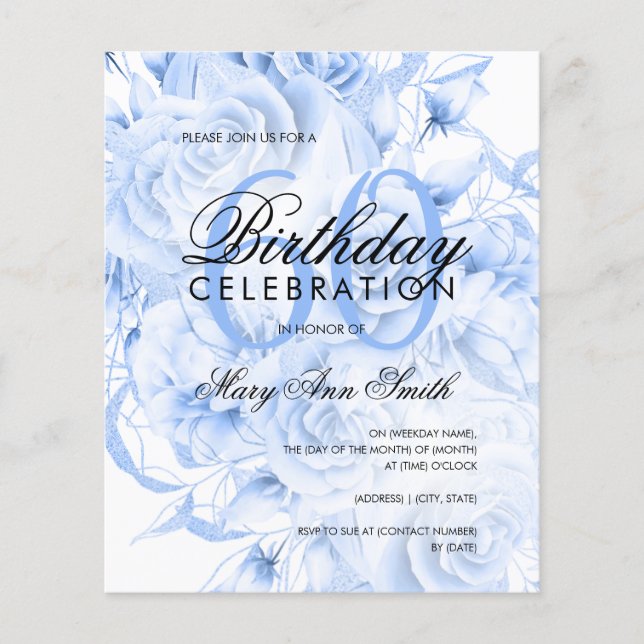 Elegant 60th Birthday Floral Navy Blue Invite Flyer (Front)