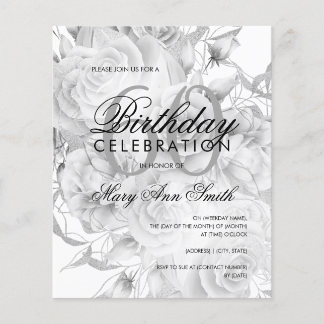 Elegant 60th Birthday Floral Silver White Invite (Front)