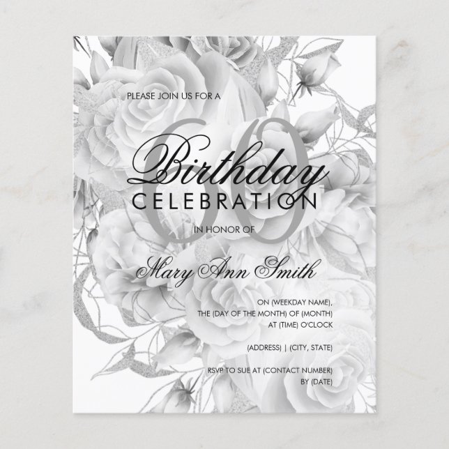Elegant 60th Birthday Floral Silver White Invite Flyer (Front)