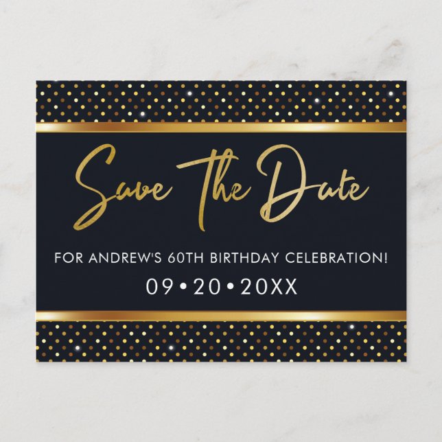 Elegant 60th Birthday Gold And Black Save The Date Postcard (Front)