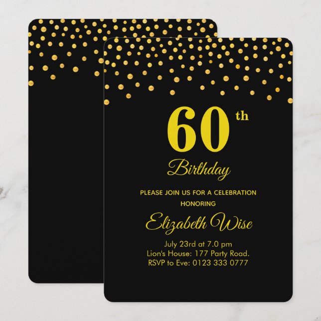 Elegant 60th Birthday & Gold Confetti on Black Invitation (Front/Back)