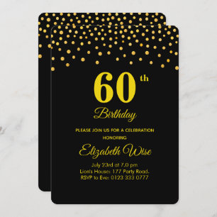 Elegant 60th Birthday & Gold Confetti on Black Invitation