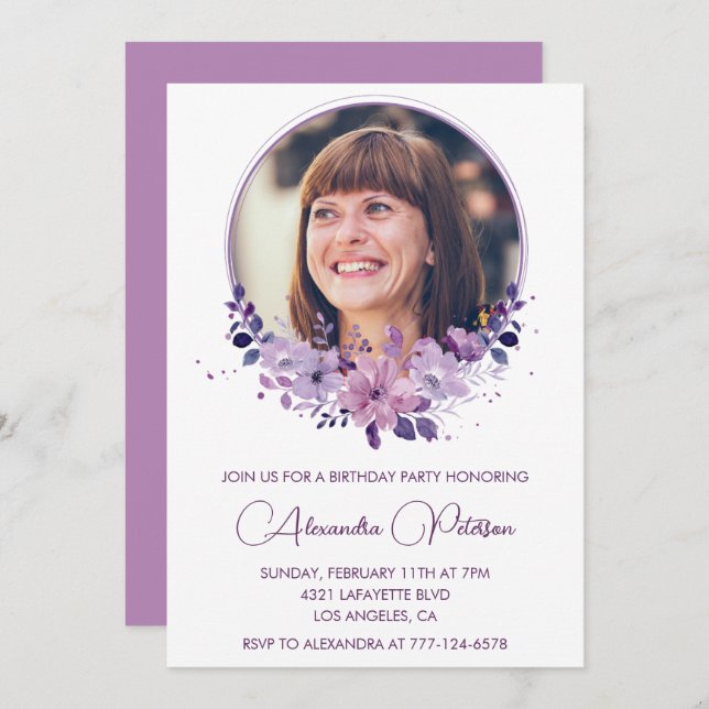 Elegant 60th birthday invitation Photo Floral Boho (Front/Back)