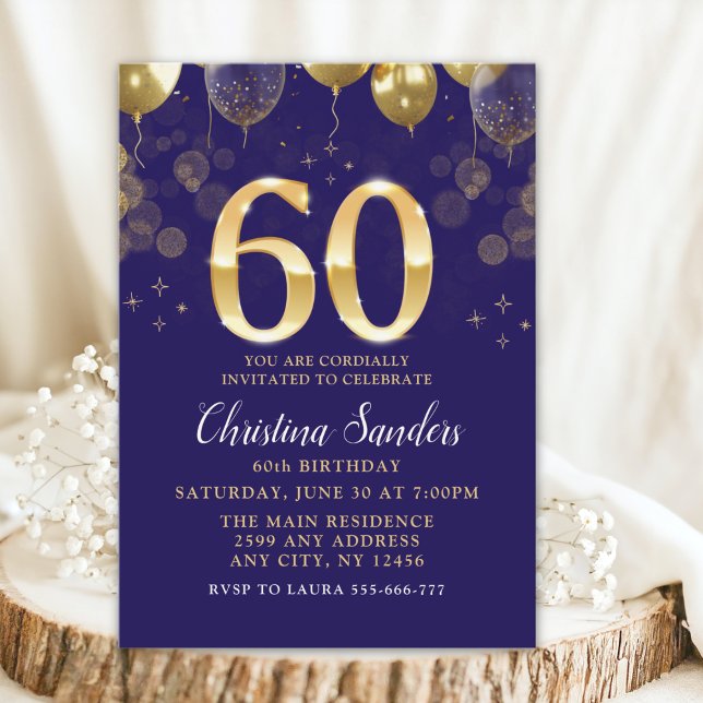 Elegant 60th Birthday Invitation with Gold Ballons (Creator Uploaded)
