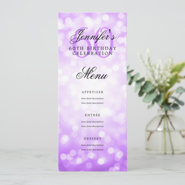 Elegant 60th Birthday Menu Purple Bokeh Lights Invitation (Standing Front)