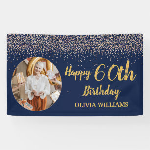 Elegant 60th Birthday Navy Blue Gold Glitter  Banner