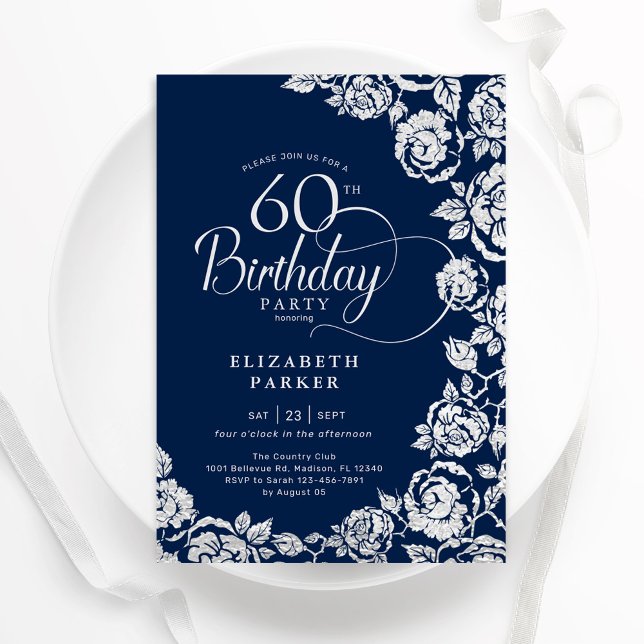 Elegant 60th Birthday Navy Silver Roses Invitation (Creator Uploaded)