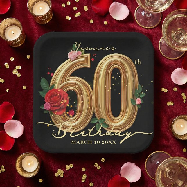 Elegant 60th Birthday Party Black Gold Red Rose Paper Plate (Creator Uploaded)