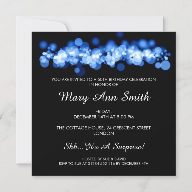 Elegant 60th Birthday Party Blue Bokeh Lights Invitation (Front)