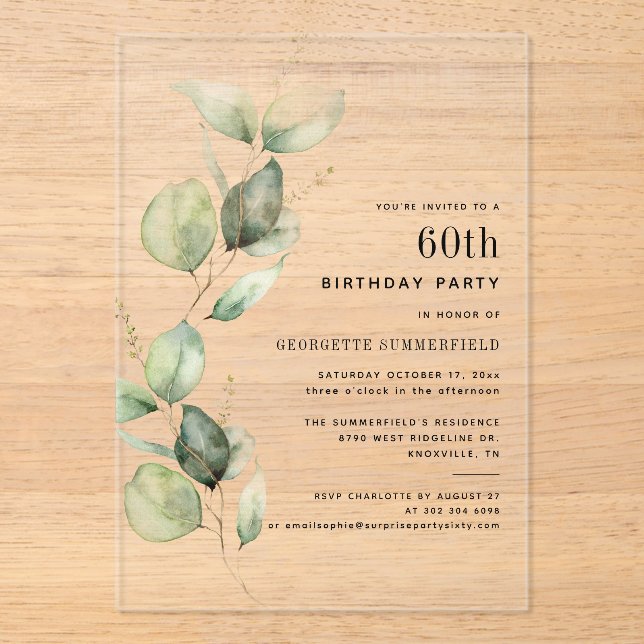 Elegant 60th Birthday Party Eucalyptus Acrylic Invitations (Front)