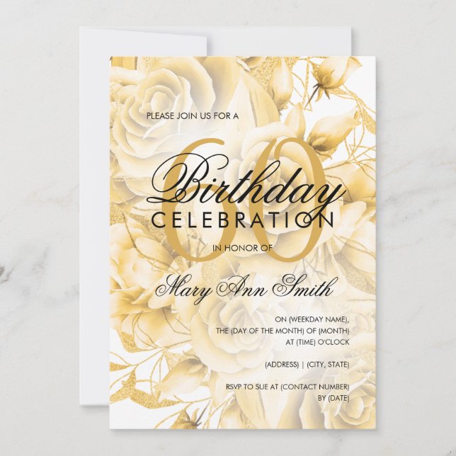 Elegant 60th Birthday Party Floral Gold  Invitation (Front)