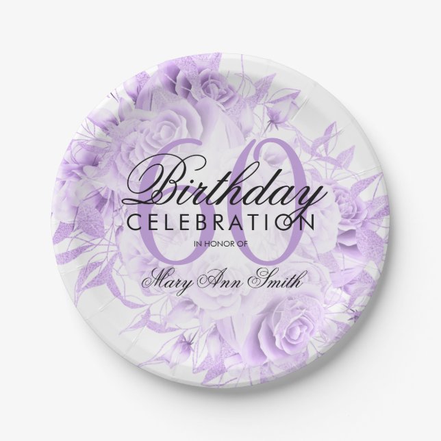 Elegant 60th Birthday Party Floral Purple  Paper Plate (Front)