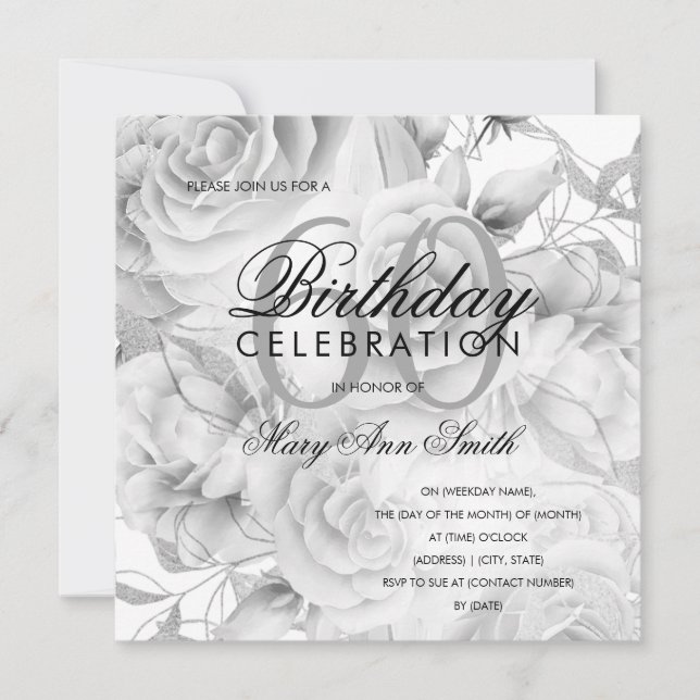 Elegant 60th Birthday Party Floral Silver White (Front)