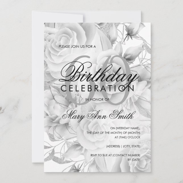 Elegant 60th Birthday Party Floral Silver White Invitation (Front)