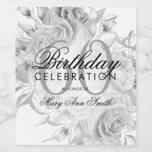 Elegant 60th Birthday Party Floral Silver White Wine Label