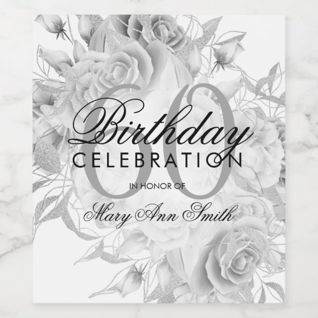 Elegant 60th Birthday Party Floral Silver White Wine Label (Single Label)