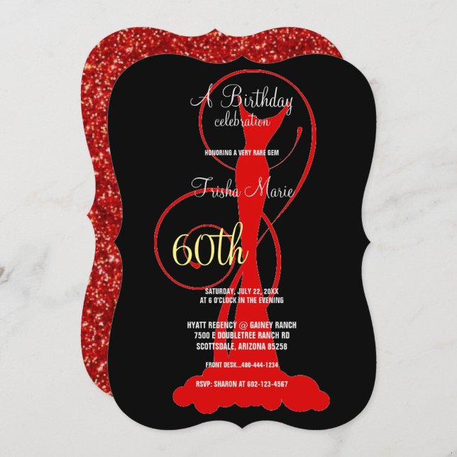 Elegant 60th Birthday Party Formal Red Dress  Invitation (Front/Back)