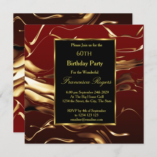 Elegant 60th Birthday Party Gold Burgundy Black Invitation (Front/Back)