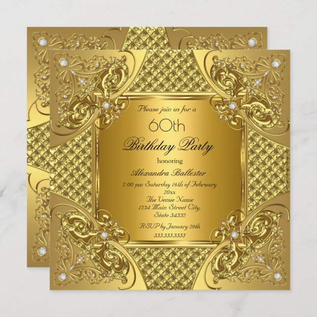 Elegant 60th Birthday Party Gold Diamonds Invitation (Front/Back)