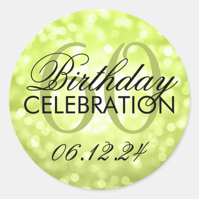 Elegant 60th Birthday Party Lime Glitter Lights Classic Round Sticker (Front)