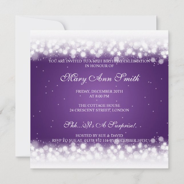 Elegant 60th Birthday Party Magic Sparkle Purple Invitation (Front)