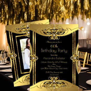 Elegant 60th Birthday Party Photo Gold Black Invitation