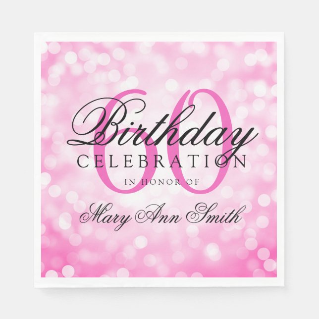 Elegant 60th Birthday Party Pink Glitter Lights Napkin (Front)