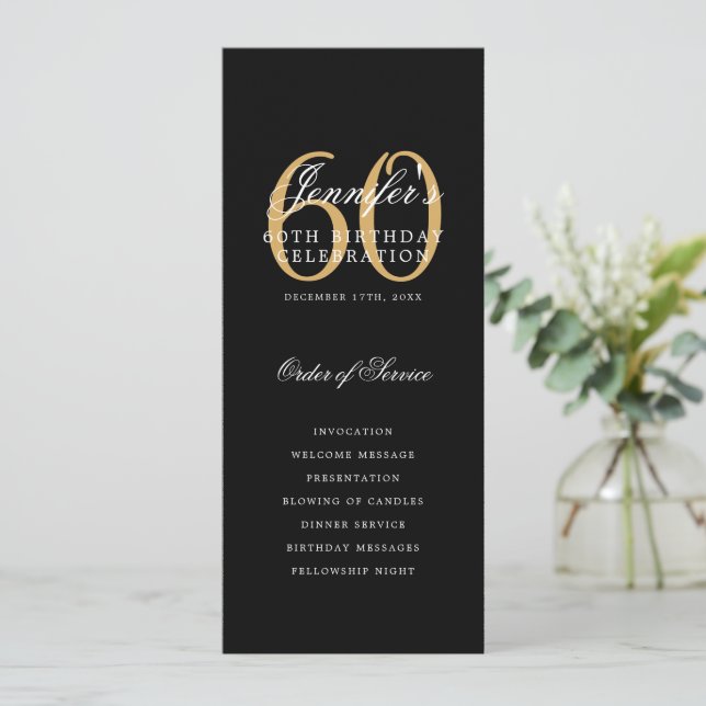 Elegant 60th Birthday Party Program Black Gold  (Standing Front)