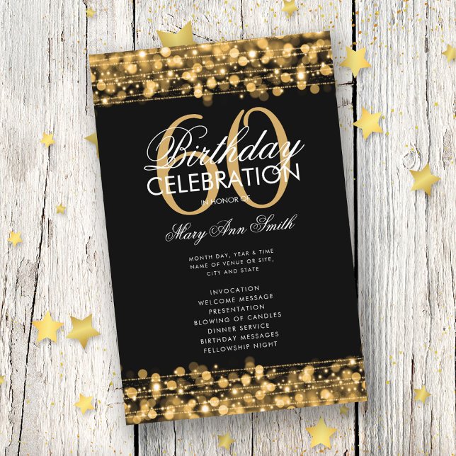 Elegant 60th Birthday Party Program Gold w/ Menu (Creator Uploaded)