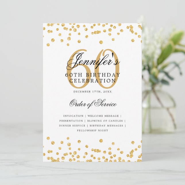 Elegant 60th Birthday Party Program Menu Gold  (Standing Front)