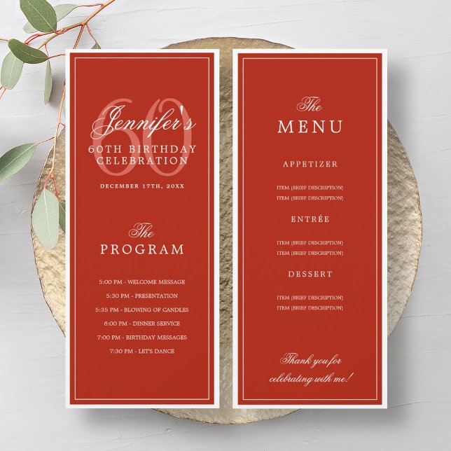 Elegant 60th Birthday Party Program Menu Red  (Elegant 60th Birthday Party Program Menu Red)