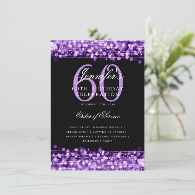 Elegant 60th Birthday Party Program Purple Menu (Standing Front)
