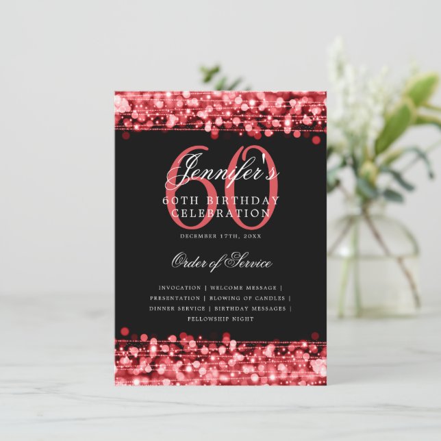 Elegant 60th Birthday Party Program Red Menu (Standing Front)