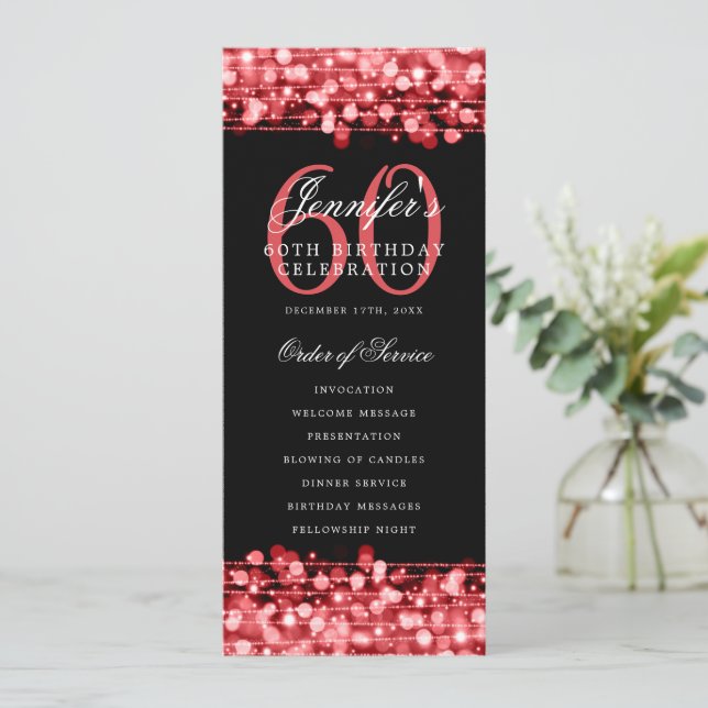 Elegant 60th Birthday Party Program Red Menu (Standing Front)
