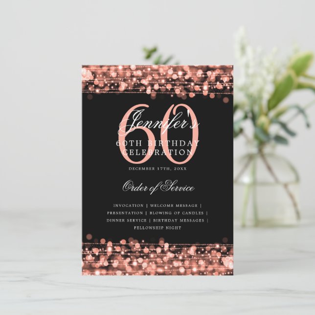 Elegant 60th Birthday Party Program Rose Gold Menu (Standing Front)