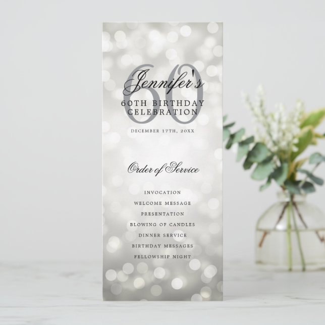 Elegant 60th Birthday Party Program Silver Bokeh (Standing Front)