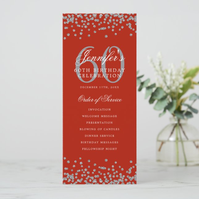 Elegant 60th Birthday Party Program Silver Red  (Standing Front)