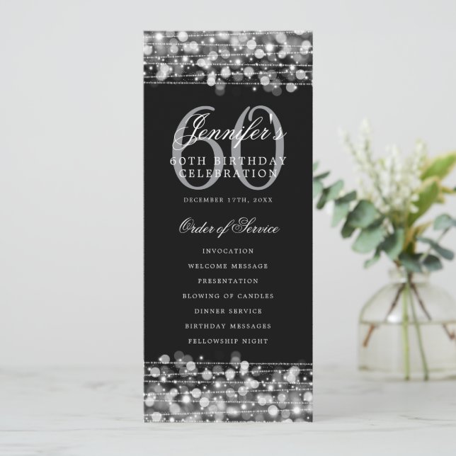 Elegant 60th Birthday Party Program Silver w/ Menu (Standing Front)