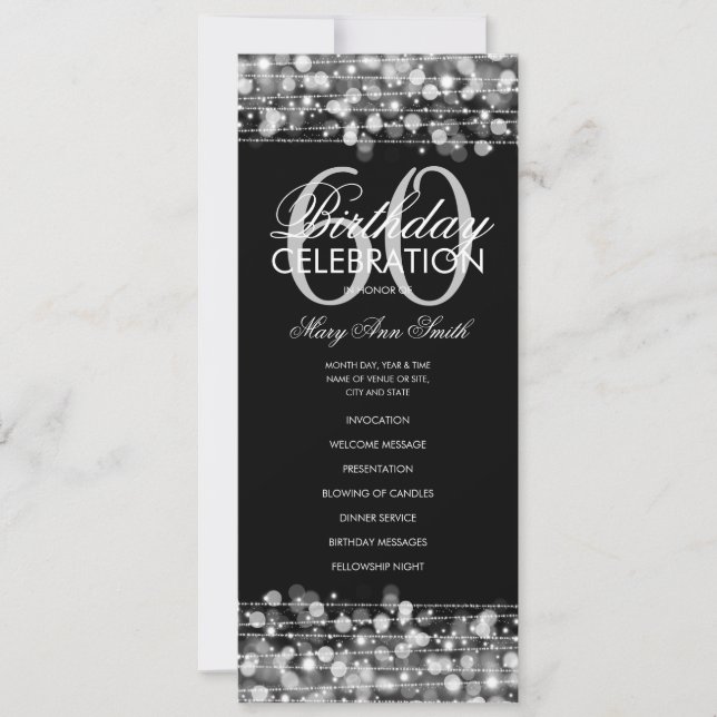 Elegant 60th Birthday Party Program Silver w/ Menu (Front)